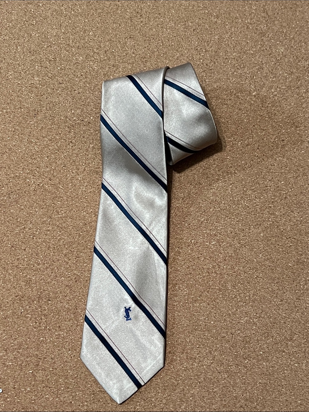 Yves Saint Laurent Neck Tie Monogram Taupe Navy Blue Stripe YSL logo